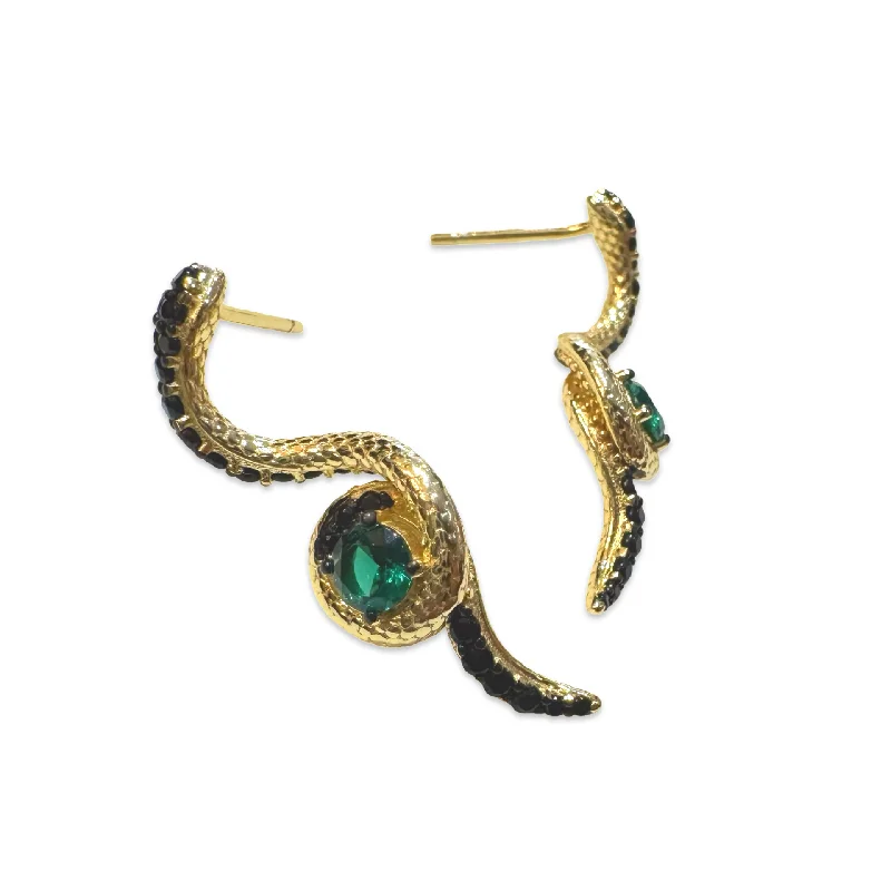 Ladies diamond hoop earrings-Sterling Silver Emerald Snake Stud Earrings