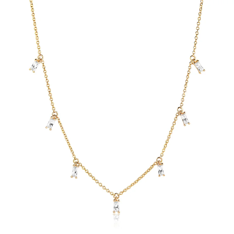 Ladies matching necklace sets-Princess Baquette Gold Plated Necklace w. White Zirconias