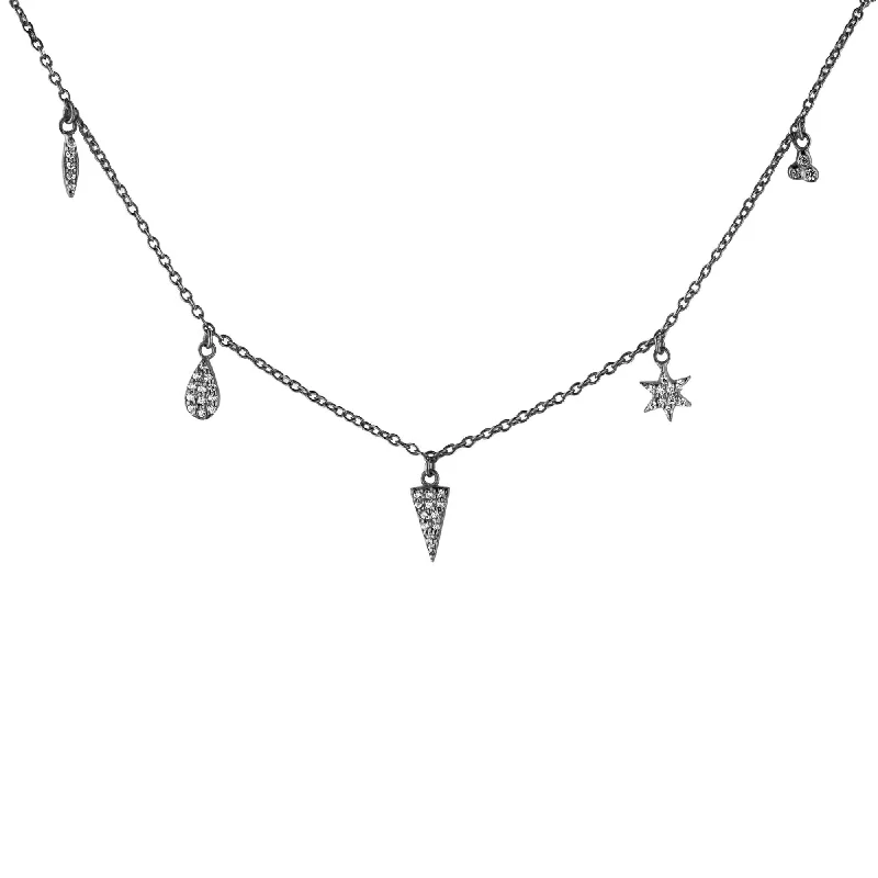 Ladies diamond pendant necklaces-5 Charm Black Ruthenium on Silver Necklace w. Zirconia