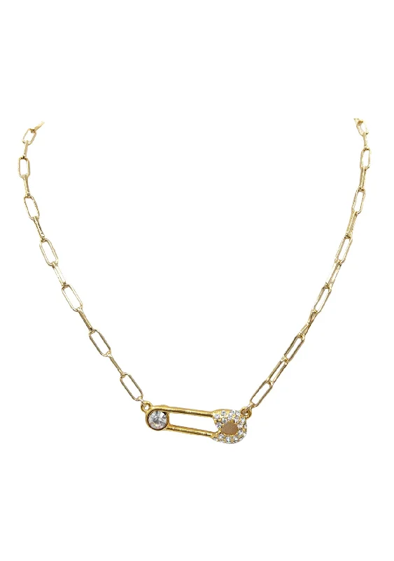 Ladies crystal necklaces-Diamond Illusion Gold Safety Pin Pendant Necklace