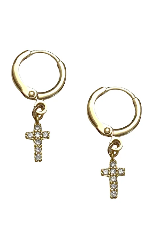 Ladies flower drop earrings-Farrah B Pave Cross Huggie Earrings