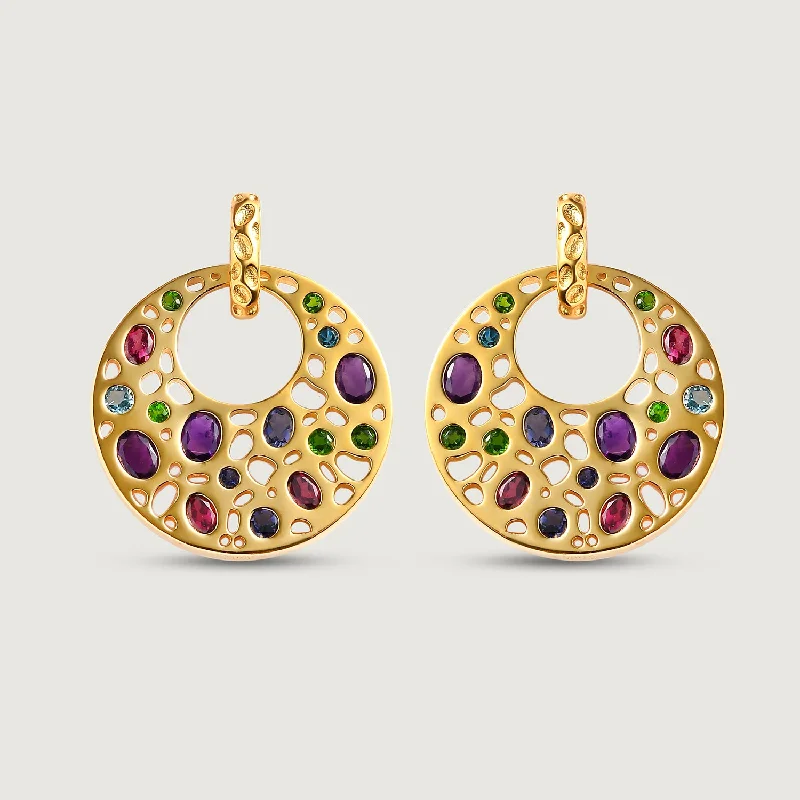 Ladies gold ear cuffs-Lattice Disc Multi Gems Drop Earrings