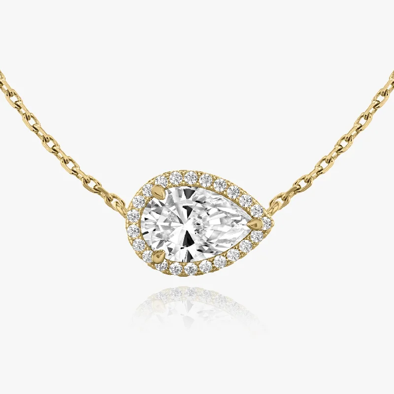 Ladies engraved silver necklaces-Pear Halo 14K Gold Necklace w. Lab-Grown Diamonds