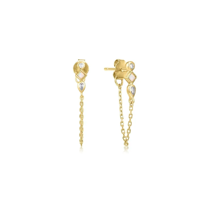 Ladies pearl stud earrings-Opal & Cz Chain Link Drop Earrings