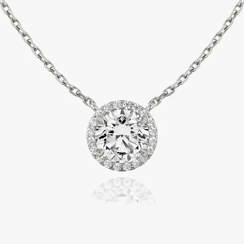 Ladies personalized necklaces-Brilliant Round Halo 14K Whitegold Necklace w. Lab-Grown Diamonds