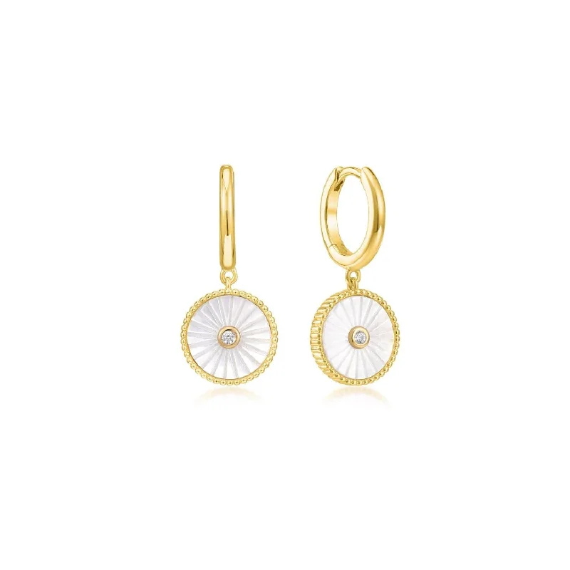 Ladies luxury diamond earrings-Mini Huggie Hoops With Mop & Cz Drop Earrings