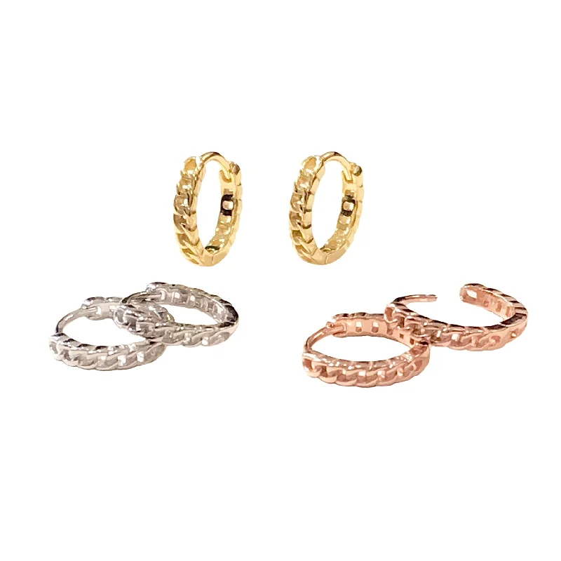 Ladies gold-plated earrings-Tiny Thin Cuban Chain Huggies