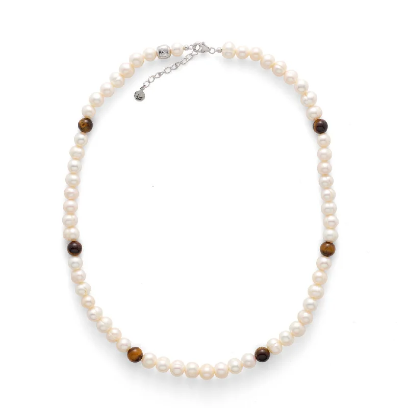 Ladies diamond-encrusted necklaces-Silver Necklace w. Pearls & Brown Tiger's Eye