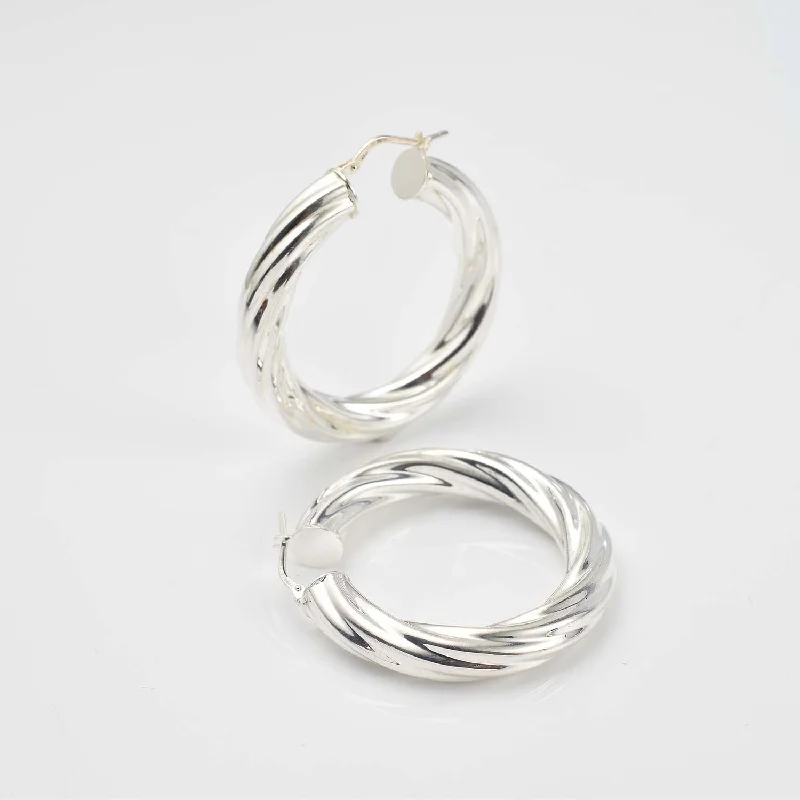 Ladies sterling silver earrings-Spiral Creole Hoops