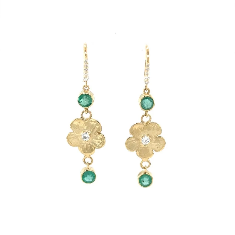 Ladies gold dangling earrings-Emerald and Diamond Petunia Earrings