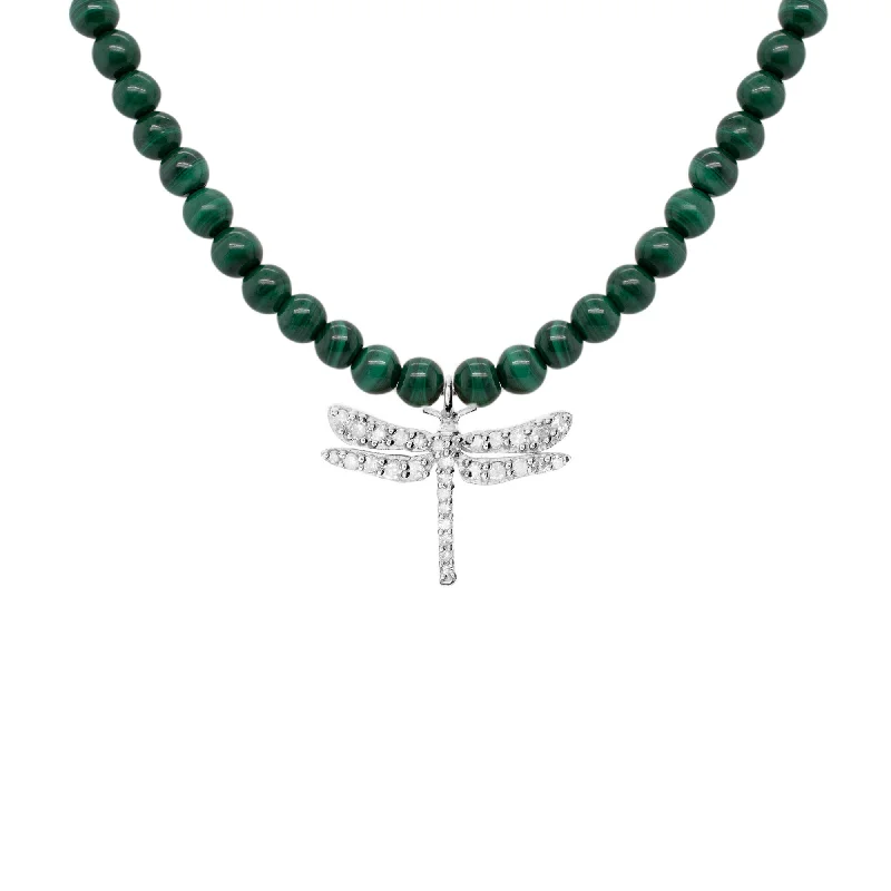 Ladies designer necklaces-Dragonfly Silver Necklace w. Malachite & Diamond