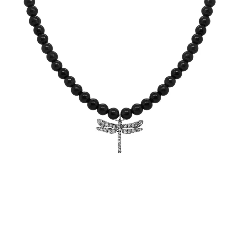 Ladies vintage necklaces-Black Dragonfly Oxidized Silver Necklace w. Onyx & Diamond