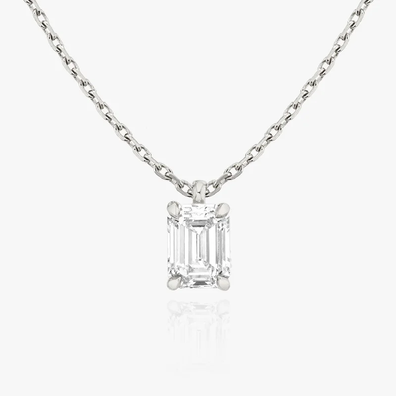 Ladies pendant necklaces-Solitaire Emerald 14K Whitegold Necklace w. Lab-Grown Diamond