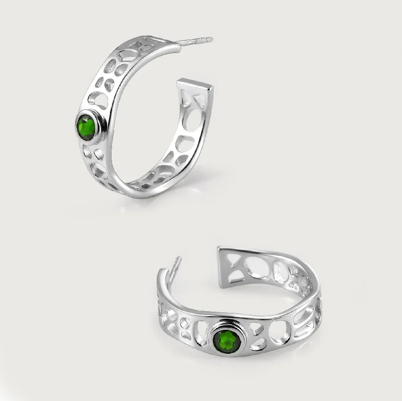 Ladies dangling earrings-Lattice Solitaire Hoops with Chrome Diopside