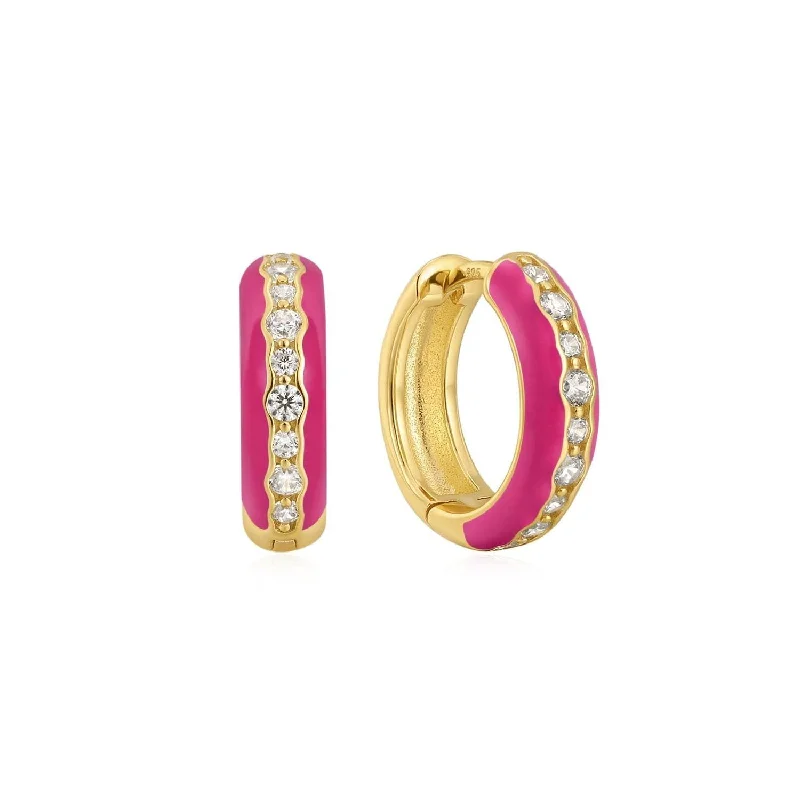 Ladies diamond hoop earrings-Pink Enamel & Cz Channel Huggie Hoop Earrings