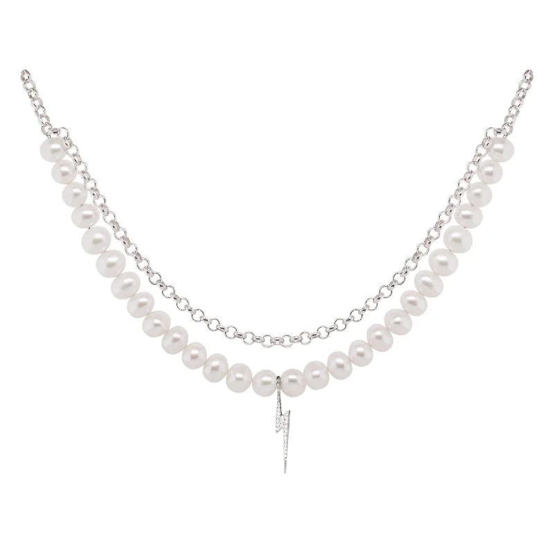 Ladies chunky necklaces-Bolt Silver Necklace w. Pearl & Zirconia