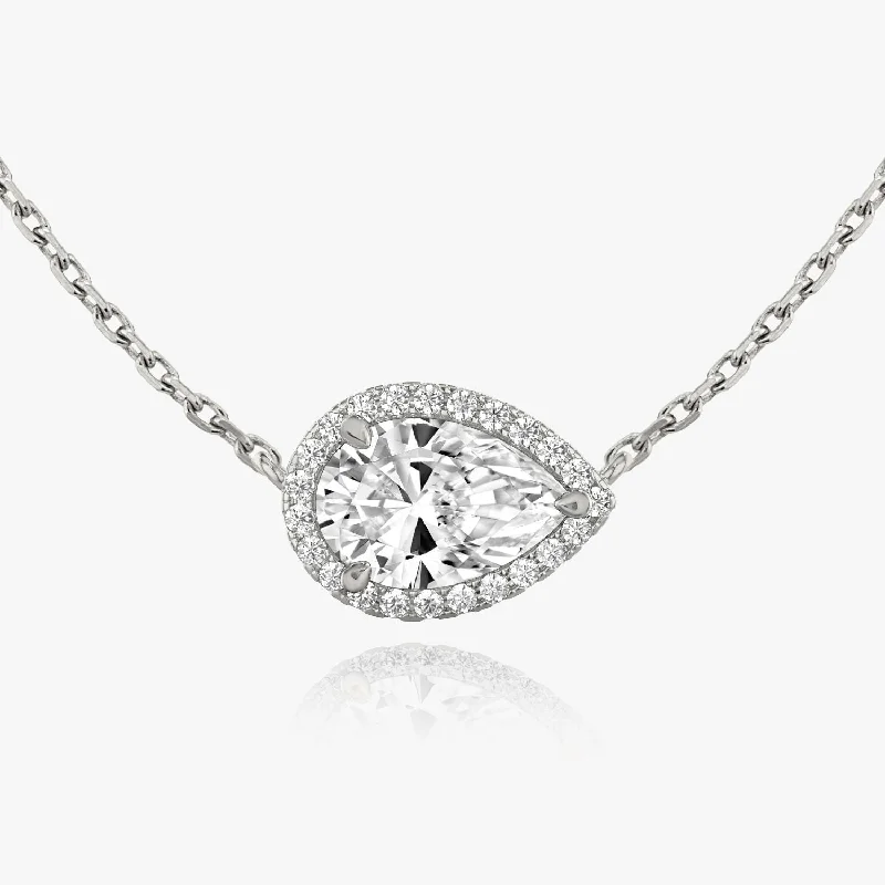 Ladies fine necklaces-Pear Halo 14K Whitegold Necklace w. Lab-Grown Diamonds