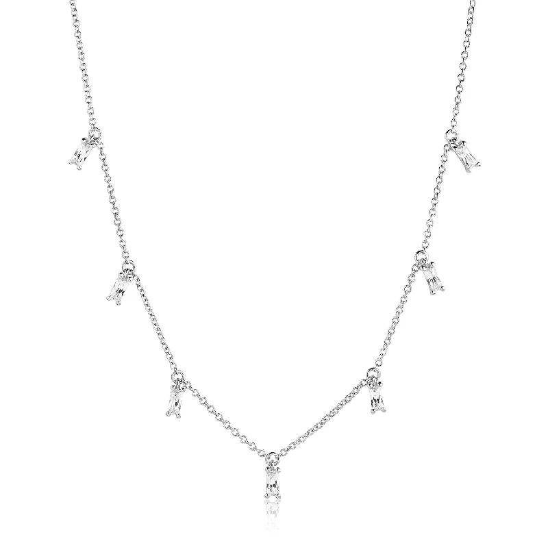 Ladies diamond necklaces-Princess Baquette Silver Necklace w. White Zirconias