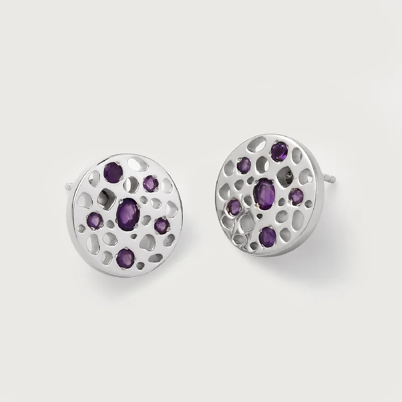 Ladies bold statement earrings-Lattice Disc Stud Earrings with Amethyst