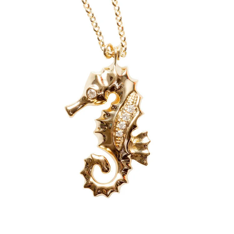 Ladies engraved necklaces-Sea Horse Pendant Gold, White