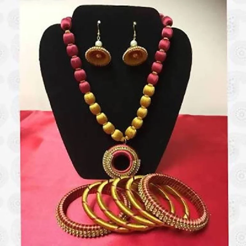 Ladies cuff bracelets-Yellow And Pink Silk Threaded Designer Necklace Set , Earrings And Bangles