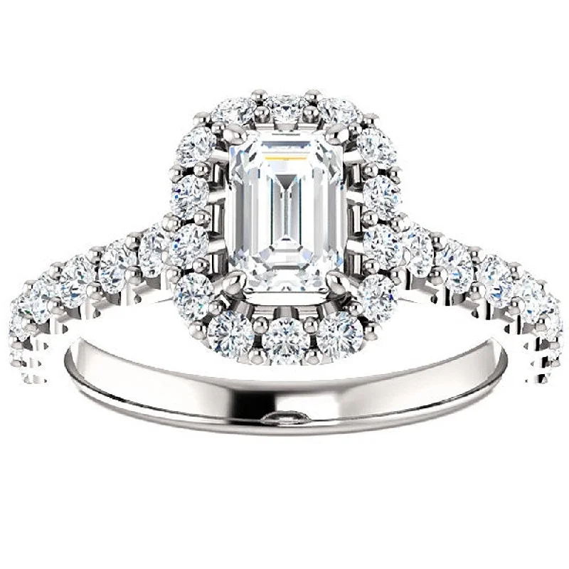 Ladies custom-designed engagement rings-14k White Gold 1 3/4 Ct TDW Emerald Cut Halo Diamond Engagement Ring Clarity Enhanced