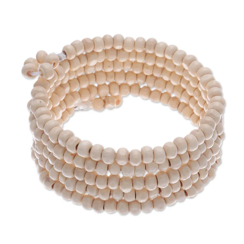 Ladies long silver bracelets-Novica Handmade Ivory Spin Wood Beaded Wrap Bracelet (1 In)