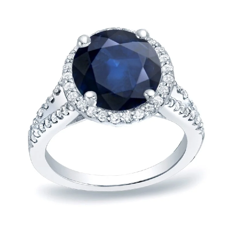 Ladies engagement rings with custom designs-Platinum Round 1 1/5ct Sapphire and 1/2ct TDW Diamond Halo Engagement Ring by Auriya