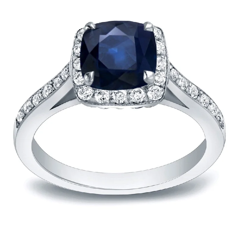 Ladies halo engagement rings with diamonds-Auriya 1 3/5ct Cushion Cut Blue Sapphire and 2/5ctw Halo Diamond Engagement Ring 14K Gold