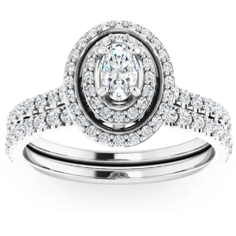 Ladies double band engagement rings-1 Ct Double Halo Oval Diamond Engagement Wedding Ring Set in White Gold