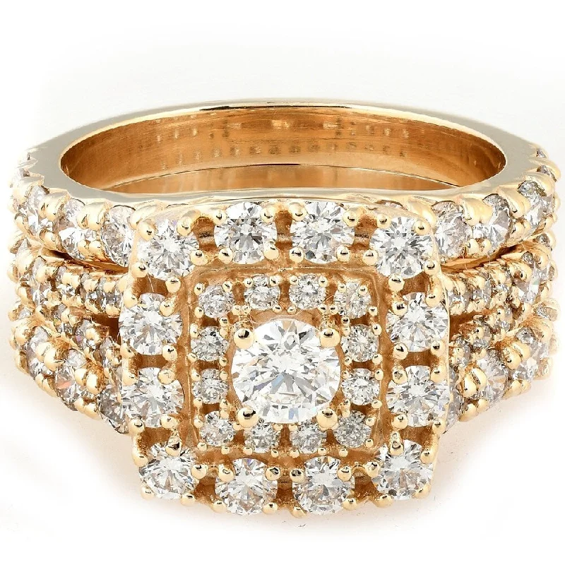 Ladies multi-stone engagement rings-Pompeii3 10k Yellow Gold 3 1/2 Ct Diamond Cushion Halo Engagement Wedding Trio Ring Set