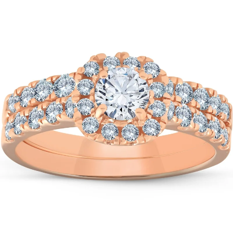 Ladies gold engagement rings-1 1/4 Ct TDW Diamond Cushion Halo Engagement Wedding Ring Set 14k Rose Gold