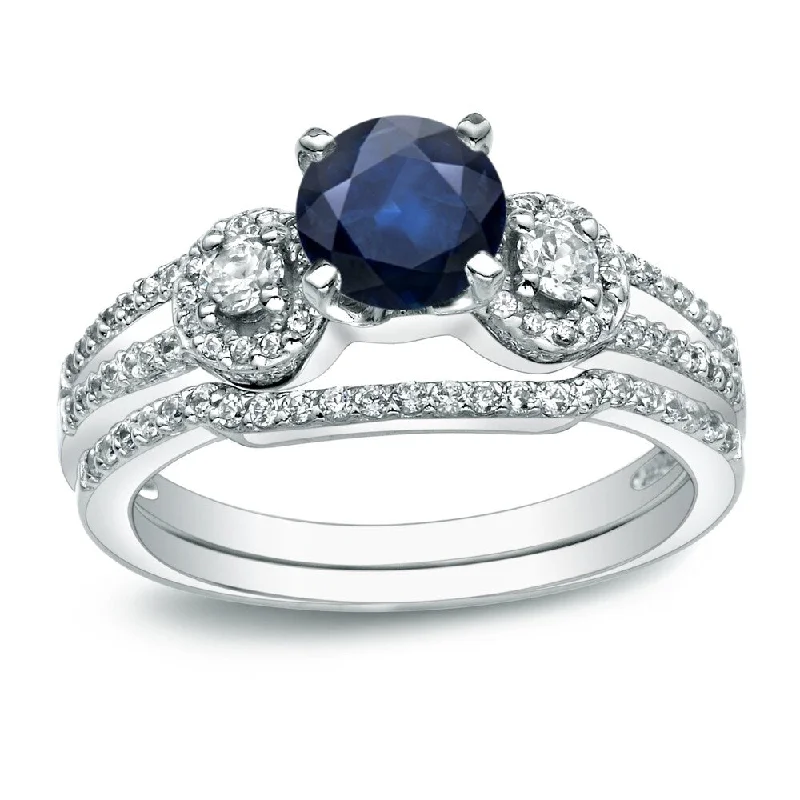 Ladies vintage-inspired diamond engagement rings-Platinum Round 1/2ct Blue Sapphire and 1/2ct TDW Diamond Engagement Ring Set by Auriya