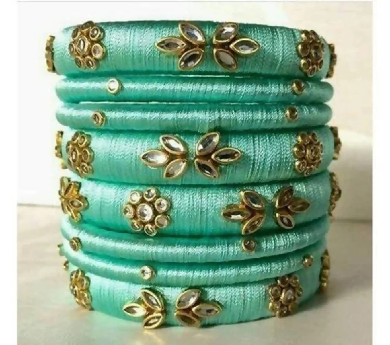 Ladies sterling silver bangles-Sea Green Designer Silk Threaded Bangles Set of 2