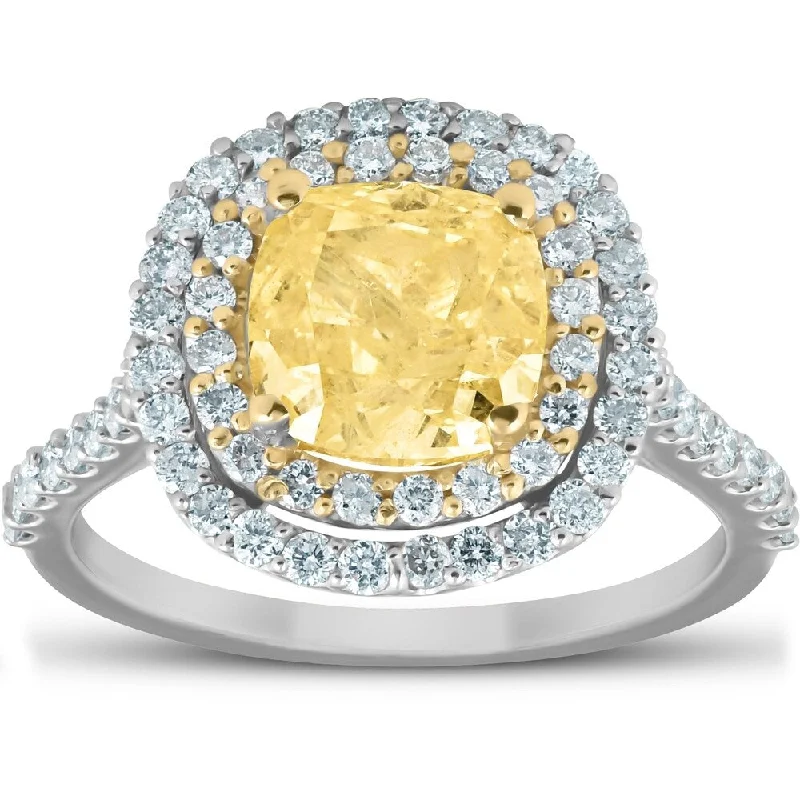 Ladies engagement rings with pave diamonds-Pompeii3 14k White & Yellow Gold 2.80 Ct TDW Fancy Intense Yellow GIA Certified Cushion Halo Diamond Engagement Ring