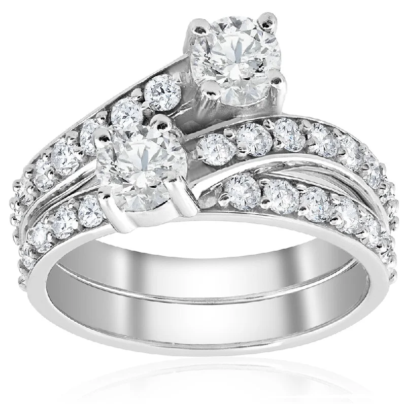 Ladies oval engagement rings-10k White Gold 2CT TDW 10K White Gold Diamond 2 Stone Engagement Ring Wedding Band Set