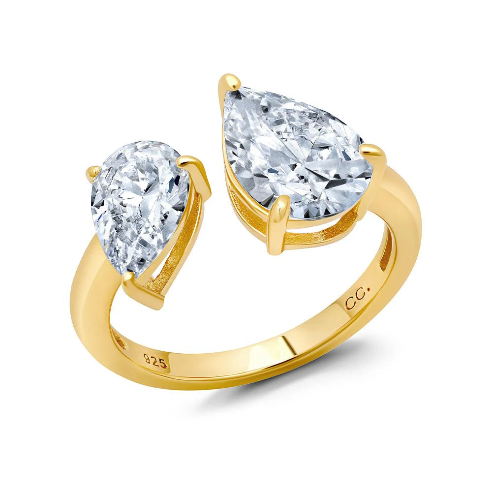 Ladies blue diamond rings-CRISLU  Up and Down Pear Cut Open Ring  in 18k Yellow Gold Finish