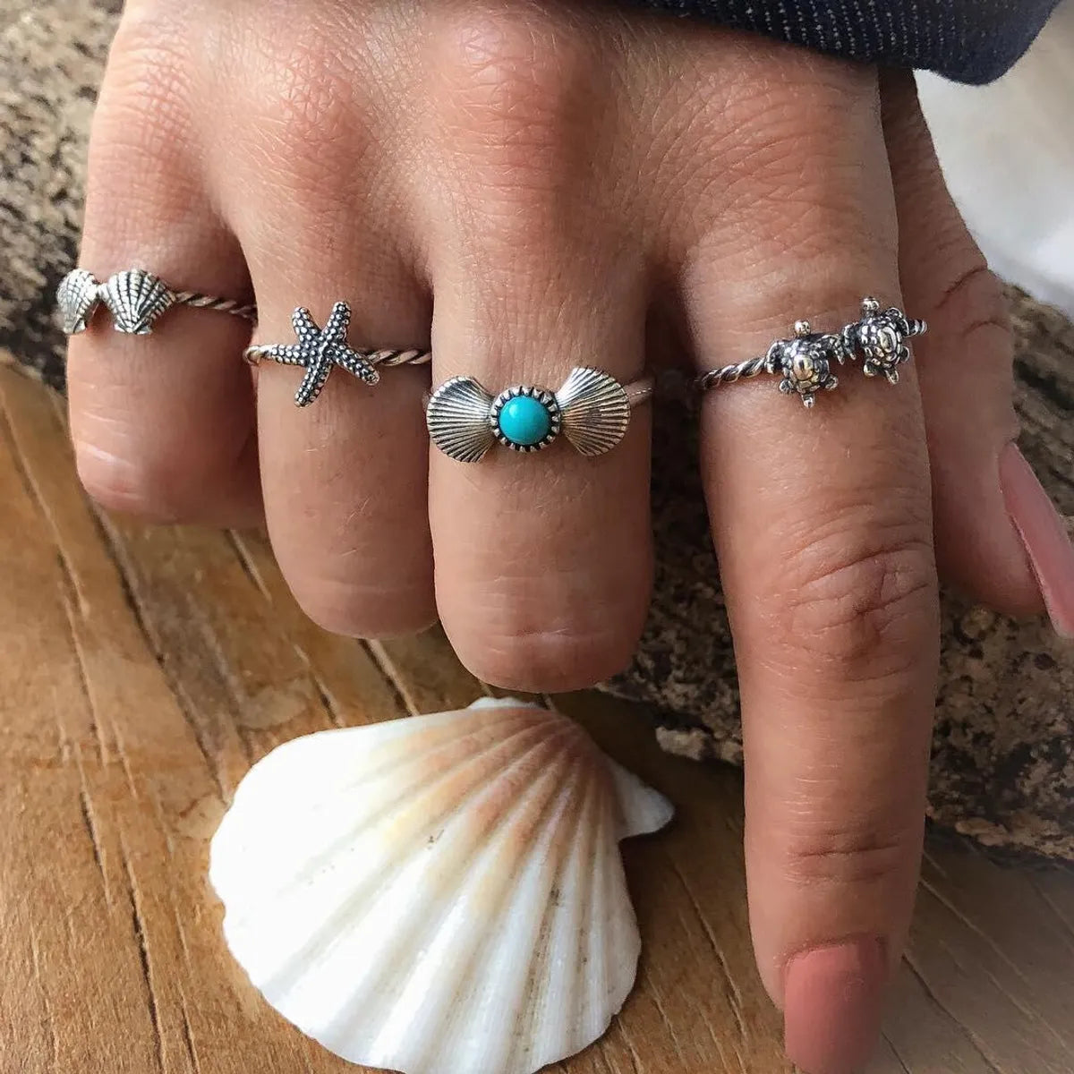 Ladies gemstone rings-Beach Tortoise Starfish Shell Alloy Inlay Turquoise Women's Rings