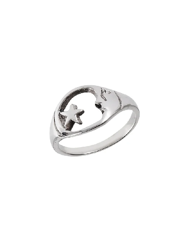 Ladies floral design rings-Encircled Moon & Star Ring