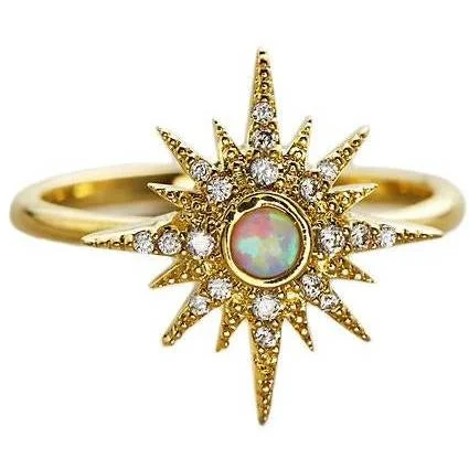 Ladies birthstone gemstone rings-TAI Gold Starburst Ring with Opal Center