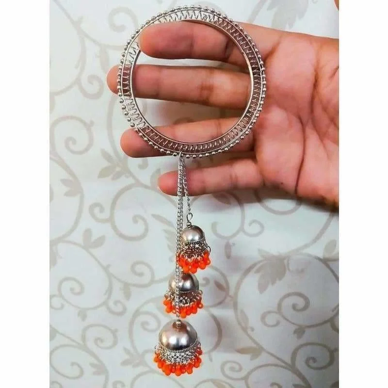 Ladies double-layer bracelets-MS Fashion India Silver Color Latkan Jhumka Bangles With Orange Pearls