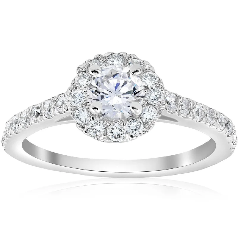 Ladies princess and round engagement rings-14k White Gold 3/4 ct TDW Halo Diamond Split Engagement Ring