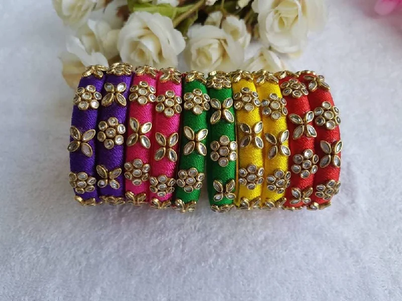 Ladies personalized bracelets-Multi Color New Model Silk Threaded Stone Bangles Sets