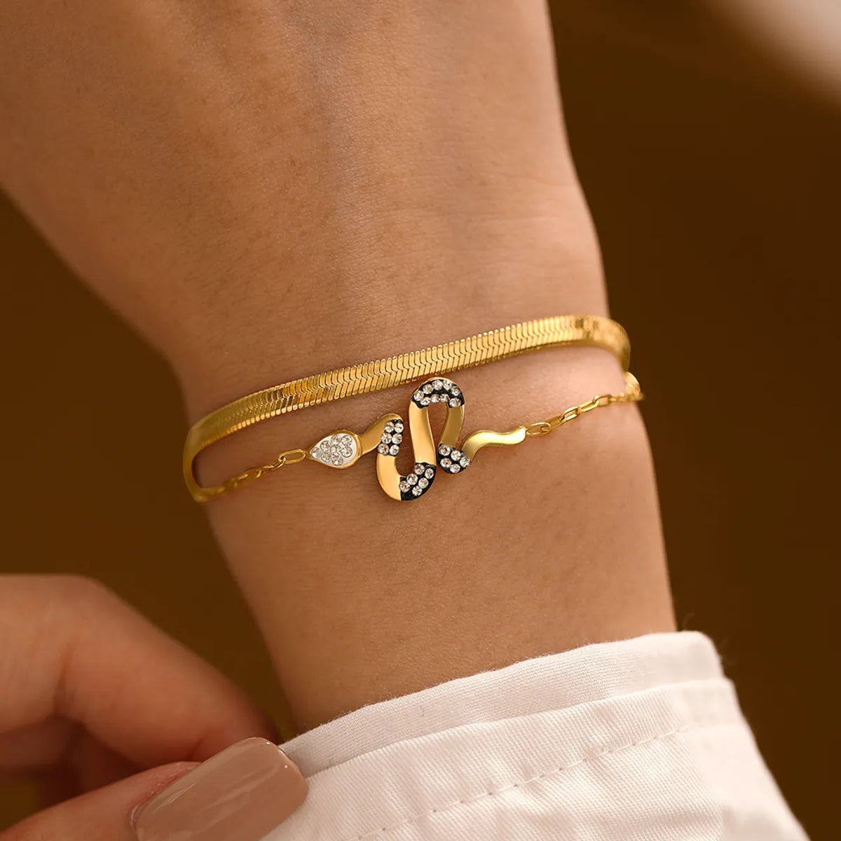 Ladies personalized gold bangles-Fashion Snake Stainless Steel Gold Plated Rhinestones Bracelets