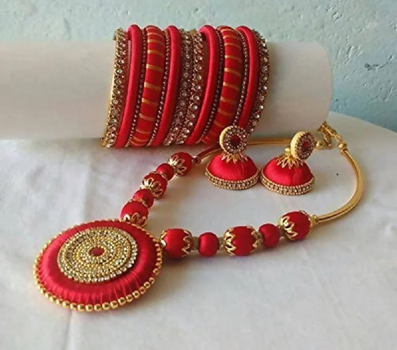 Ladies fashion stacking bangles-Red with Gold Color Silk Threaded Necklace Set, Earrings And Bangles