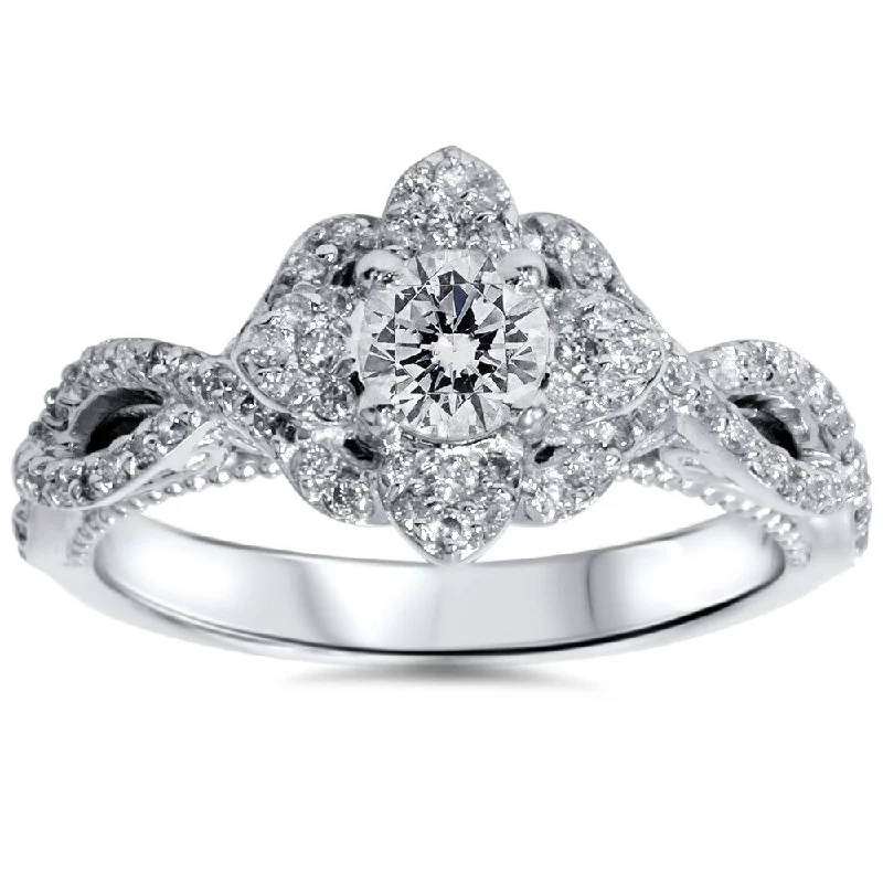 Ladies custom-designed engagement rings-14k White Gold 1ct TDW Floral Halo Diamond Sapphire Accent Engagement Ring