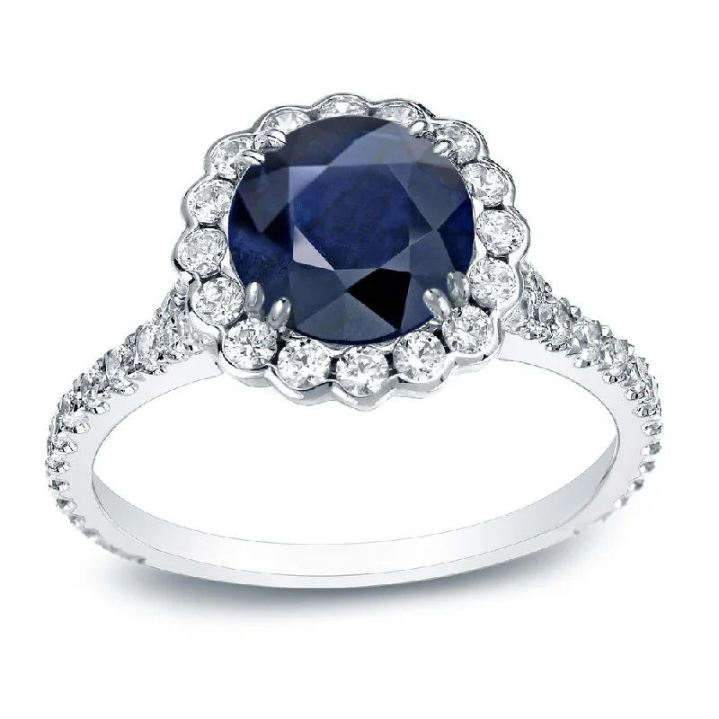 Ladies engagement rings with blue diamonds-Auriya 3/4ct Round Blue Sapphire and 3/4ctw Halo Diamond Engagement Ring 14k Gold