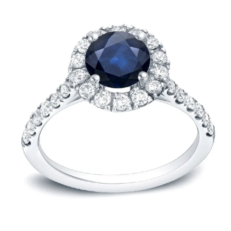 Ladies engagement rings with baguette diamonds-Auriya 14k Gold Round 1ct Blue Sapphire and 1/2ct Halo Diamond Engagement Ring