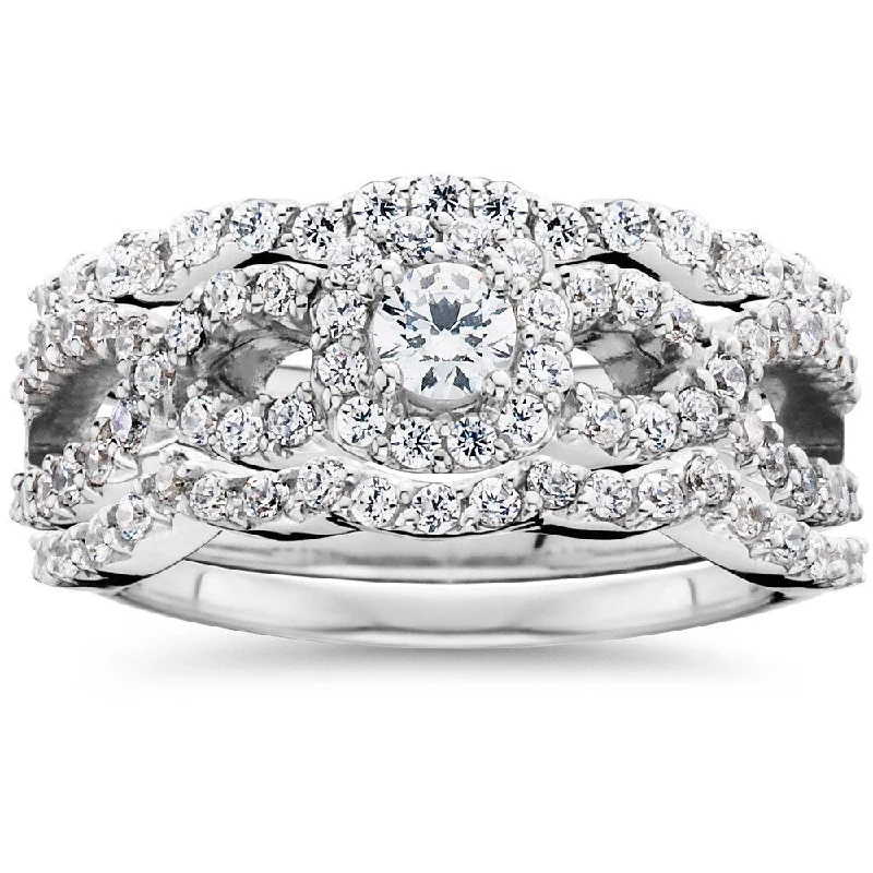 Ladies floral engagement rings with diamonds-Pompeii3 10K White Gold 1 1/0ct TDW Diamond Bridal Engagement Ring Set