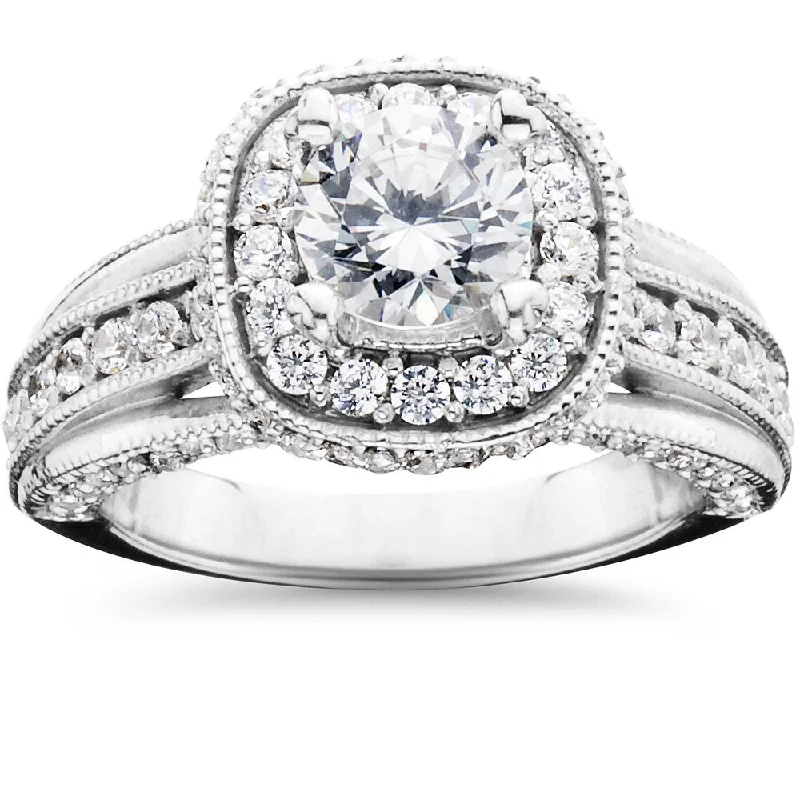 Ladies engagement rings with milgrain details-14k White Gold 1 1/4ct TDW Cushion Halo Round Diamond Engagement Ring